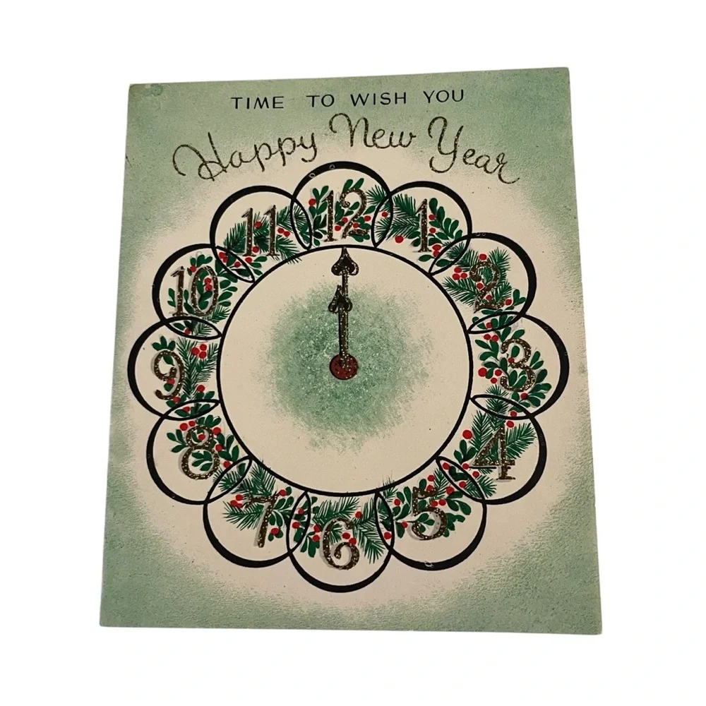 Unused Vintage Greeting Card Happy New Year Green Glitter Clock